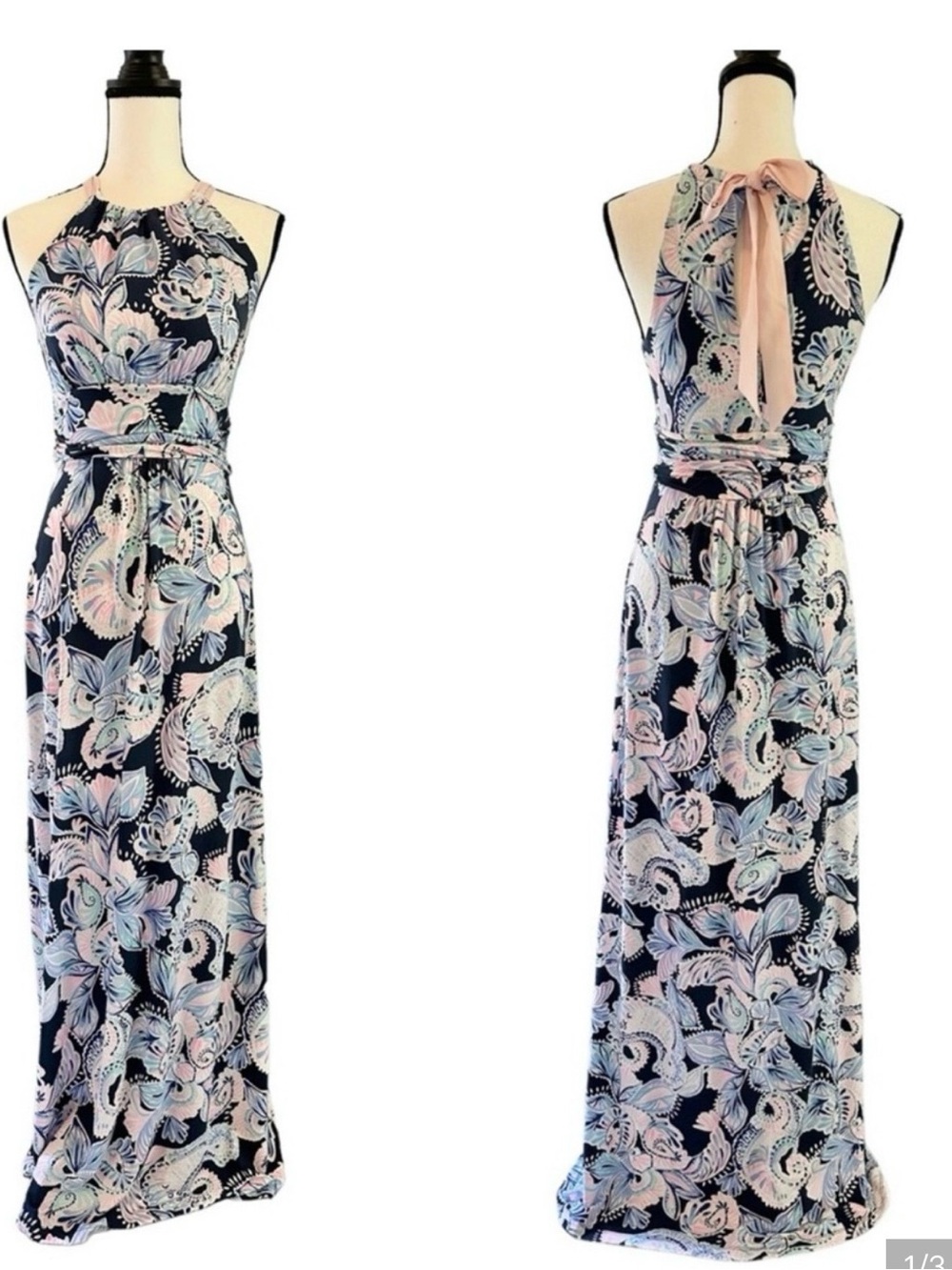 Lilly Pulitzer Navy Maxi Skirt with Pink and Light Blue Floral Print